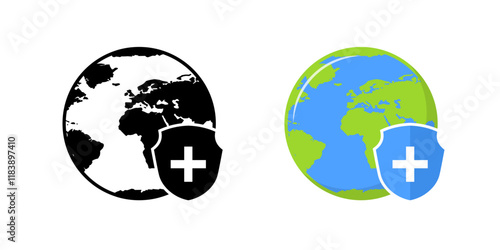 Earth icons. Shield icons. Silhouette and flat style. Vector icons.