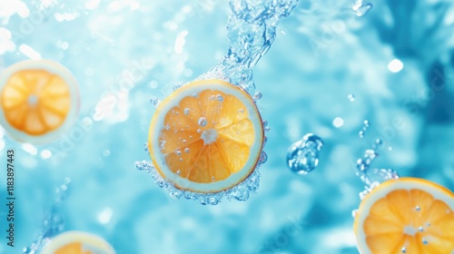 Fresh orange slices splashing in water.