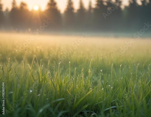 A meadow covered in morning dew with a rising sun.