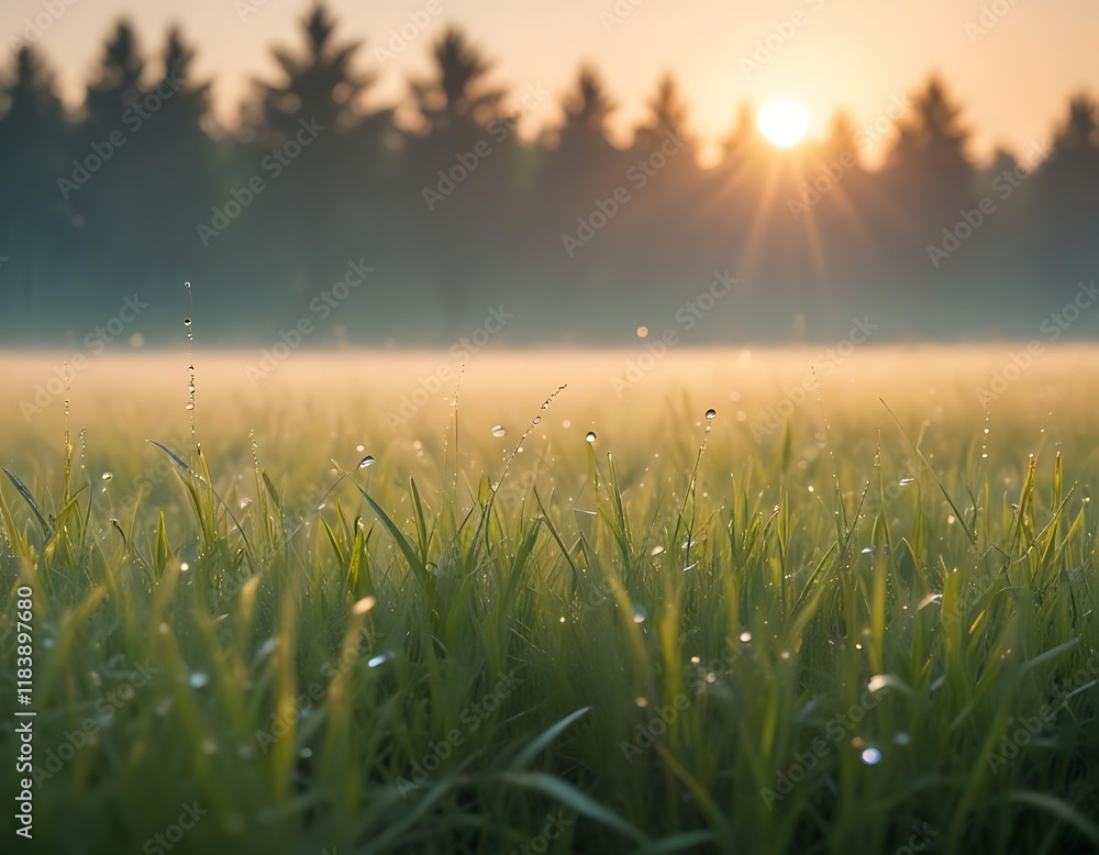 Fototapeta premium A meadow covered in morning dew with a rising sun.