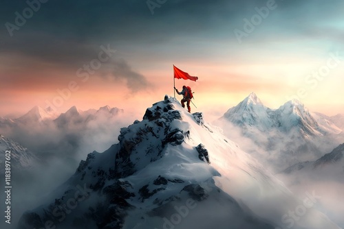 Resolute adventurer scaling a daunting mountainside snow dusted crags and jagged outcroppings posing formidable obstacles the summit s vibrant flag beckoning in the distance photo