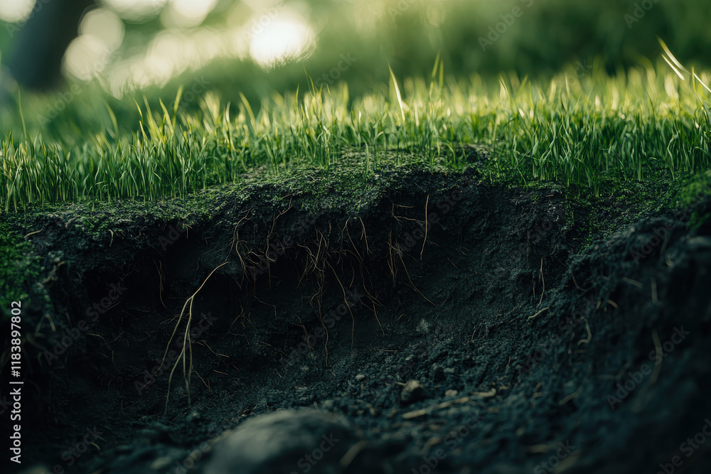 Close-up of soil and grass roots, highlighting natural growth and earth textures. Close-up of soil and grass roots, highlighting natural growth and earth textures.