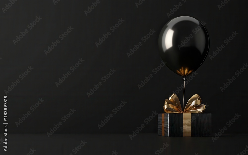 A 3D realistic illustration of a black and gold balloon in an open gift box, set against a minimalist dark background. A 3D realistic illustration of a black and gold balloon in an open gift box, set against a minimalist dark background.