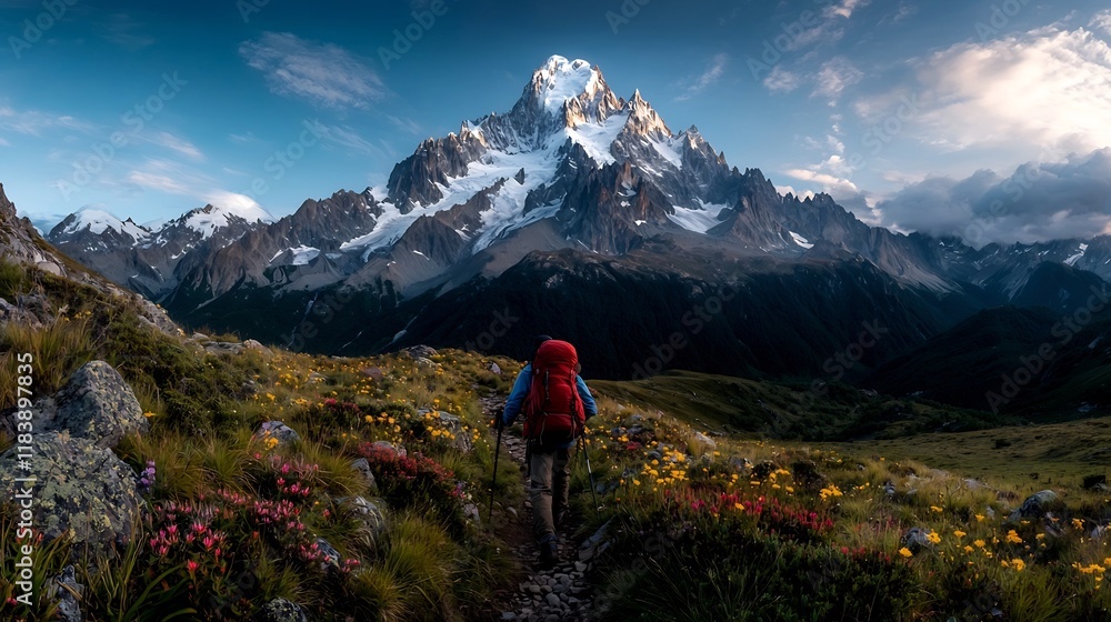 Obraz premium Determined explorer making their way up a challenging mountain trail navigating the rugged rocky terrain towards the towering snow capped peaks in the distance