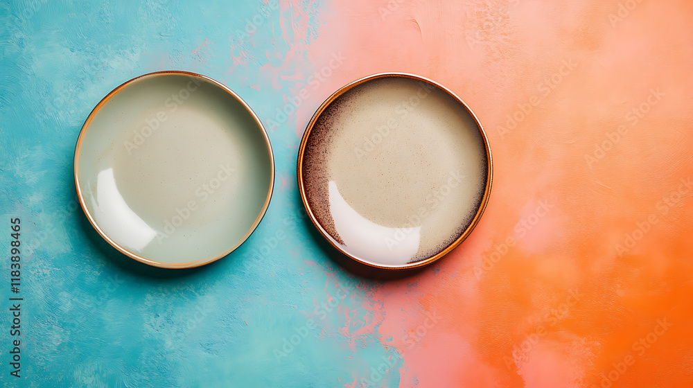 Top view two empty ceramic plates on the table of colorful color Top view two empty ceramic plates on the table of colorful color