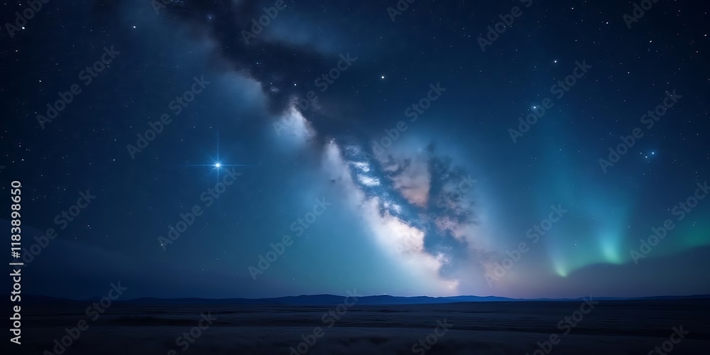 Celestial Dance: Milky Way and Aurora Borealis over Plains Celestial Dance: Milky Way and Aurora Borealis over Plains