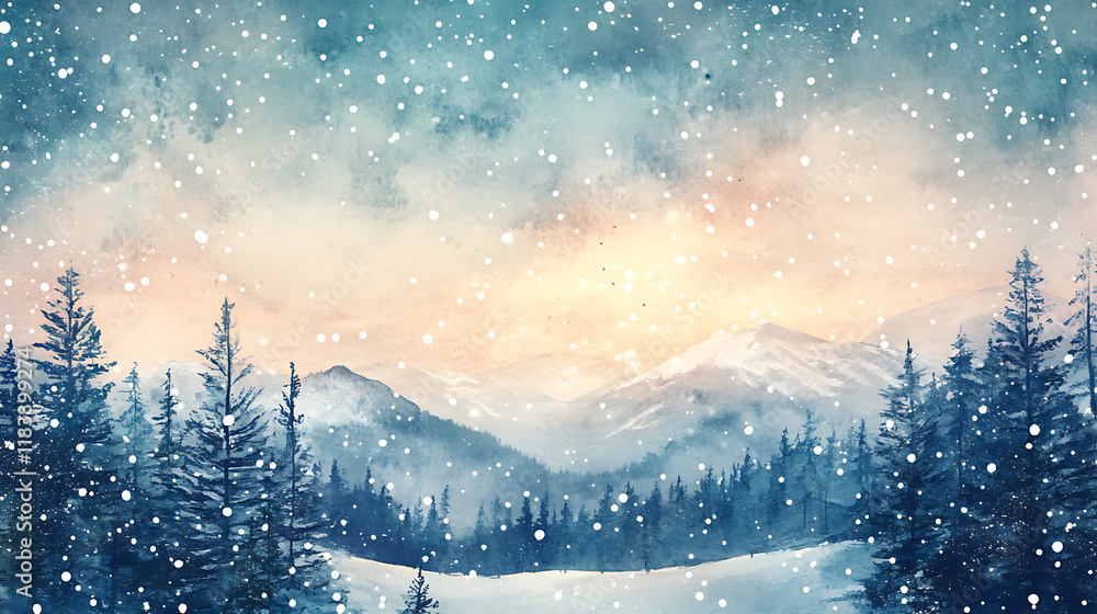 Watercolor drawing of winter sky landscape with falling snow, forest and mountains background Watercolor drawing of winter sky landscape with falling snow, forest and mountains background
