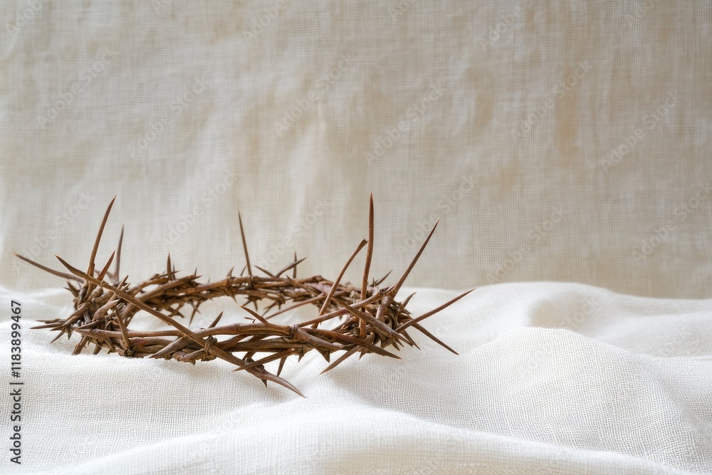 Fototapeta premium crown of thorns from side on white linen 