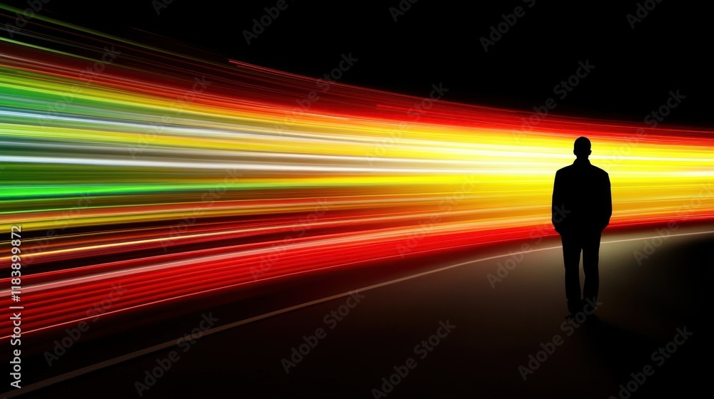 Man standing in of colorful light trails in darkness Man standing in of colorful light trails in darkness