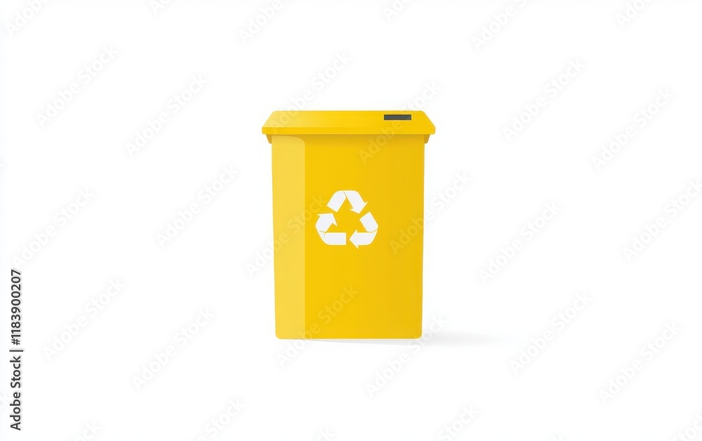 Flat vector graphic of a yellow recycling bin with a white recycling symbol on a white background. The design is minimalistic Flat vector graphic of a yellow recycling bin with a white recycling symbol on a white background. The design is minimalistic