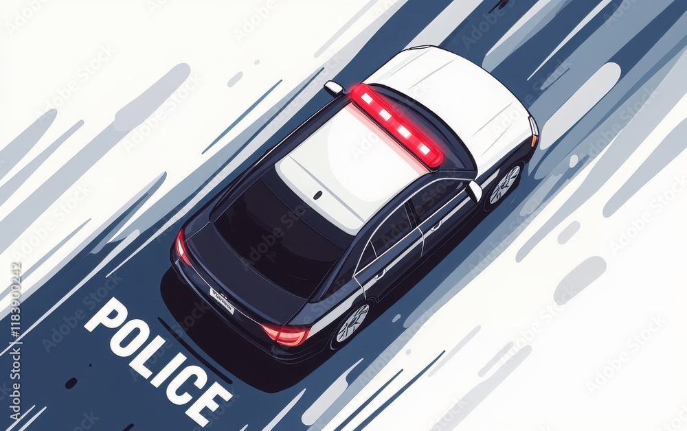 Obraz premium Flat design vector of a police car viewed from above, with modern police lights on the roof. The design is minimalist, featuring the text 
