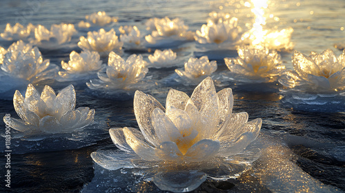 A stunning frozen lake covered with delicate ice lotus flowers reflecting the warm golden sunlight creating a mesmerizing and surreal winter scene
