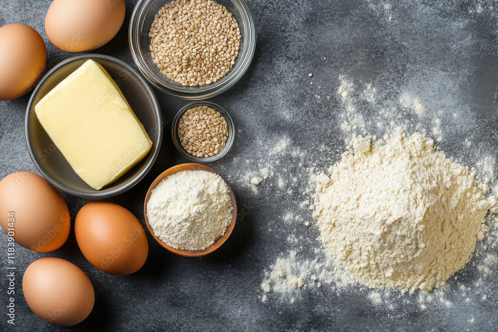 Ingredients for baking, including eggs, butter, flour, and sesame seeds arranged on a surface. Ingredients for baking, including eggs, butter, flour, and sesame seeds arranged on a surface.