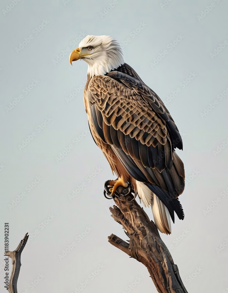 Majestic Bald Eagle perched on branch, serene sky. Majestic Bald Eagle perched on branch, serene sky.