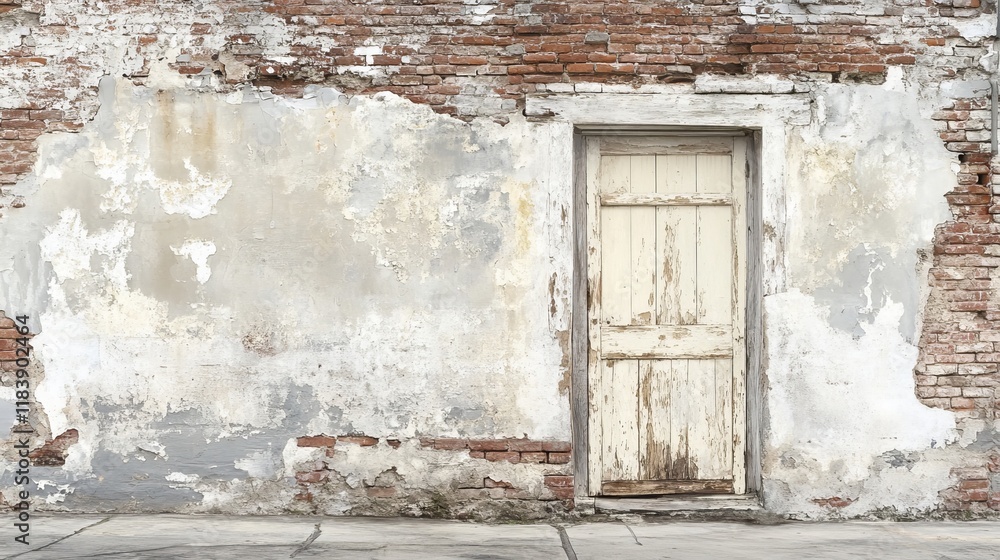 Old weathered cream painted wooden door set into an ancient brick wall, with peeling weathered white paint, showcasing rustic charm, the passage of time in urban architecture and historical buildings Old weathered cream painted wooden door set into an ancient brick wall, with peeling weathered white paint, showcasing rustic charm, the passage of time in urban architecture and historical buildings