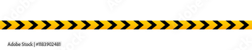 Caution barricade tape with black and yellow chevron print. Barrier in quarantine site, construction work area or crime scene. Warning, stop, closed or forbidden sign. Vector flat illustration.