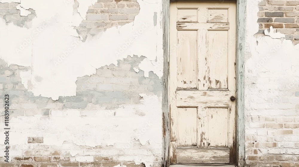 Old weathered cream painted wooden door set into an ancient brick wall, with peeling weathered white paint, showcasing rustic charm, the passage of time in urban architecture and historical buildings Old weathered cream painted wooden door set into an ancient brick wall, with peeling weathered white paint, showcasing rustic charm, the passage of time in urban architecture and historical buildings