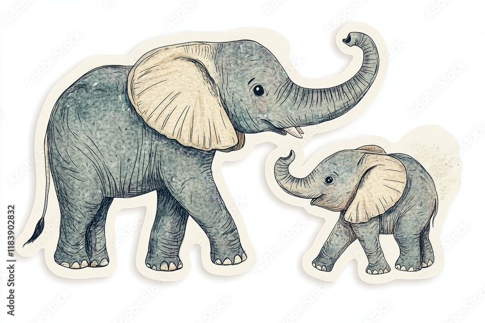 Fototapeta premium Elephant large cartoon mammal isolated on white. African bush or forest elephant and Asian elephant. Has large ears, concave back, wrinkled skin, sloping abdomen. Sticker for children. Vector