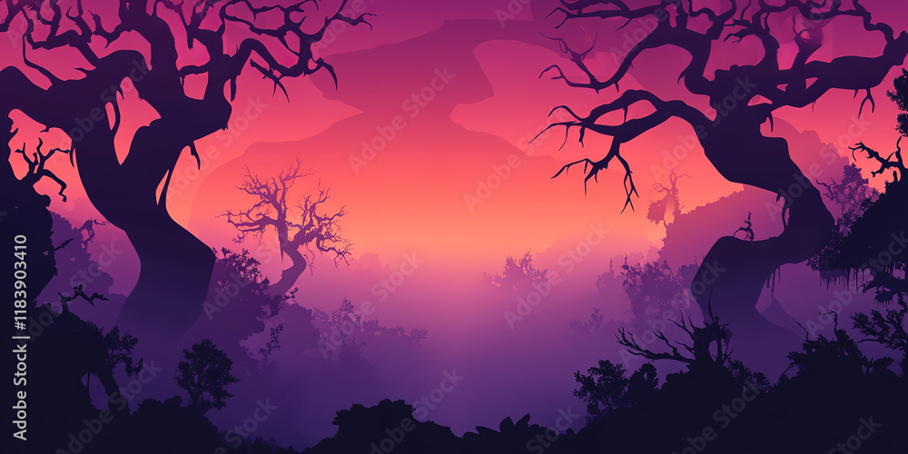 The image depicts a mystical, misty forest at twilight with dark, twisted trees silhouetted against a vibrant, gradient sunset sky The image depicts a mystical, misty forest at twilight with dark, twisted trees silhouetted against a vibrant, gradient sunset sky