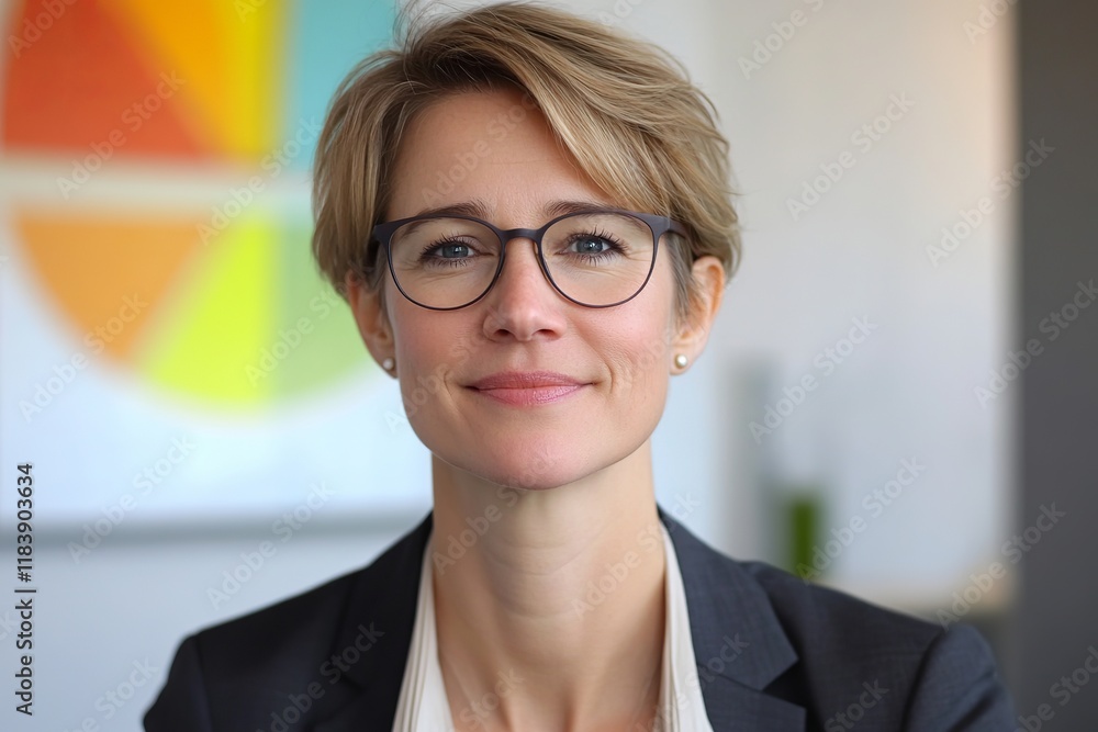 Young woman financial analytics character presenting benchmark metrics and statistics in pie chart