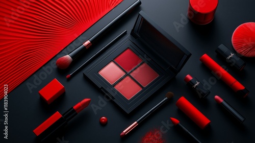 Elegant Red and Black Makeup Set with Lipsticks, Brushes, and Eyeshadow Palette photo