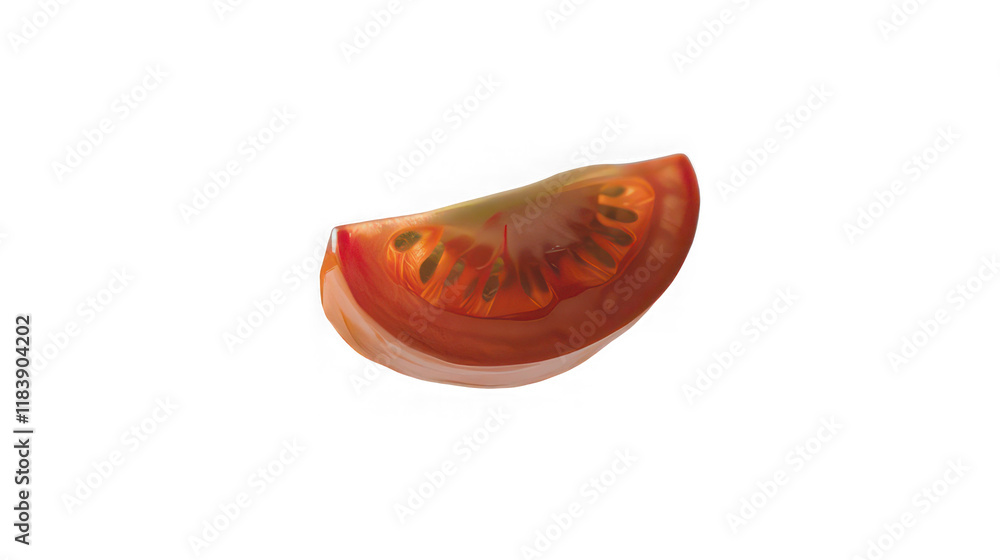 A single tomato slice falling isolated against white background A single tomato slice falling isolated against white background
