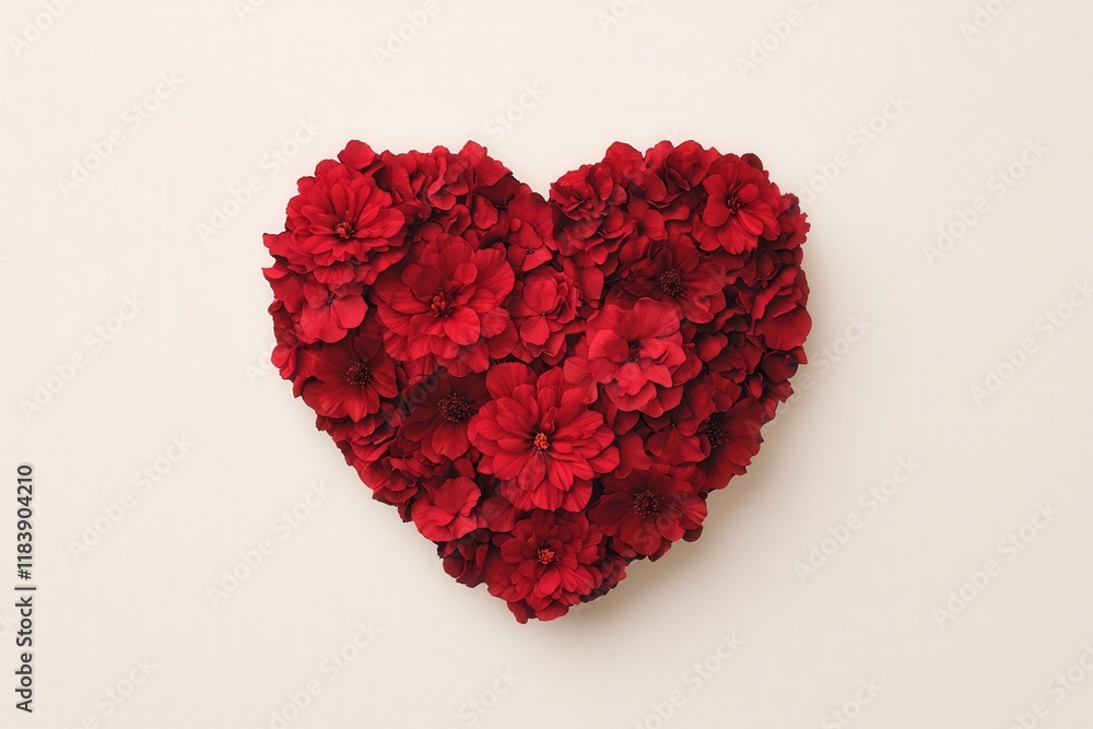 A vibrant red heart made of beautiful flowers on a light background. A vibrant red heart made of beautiful flowers on a light background.