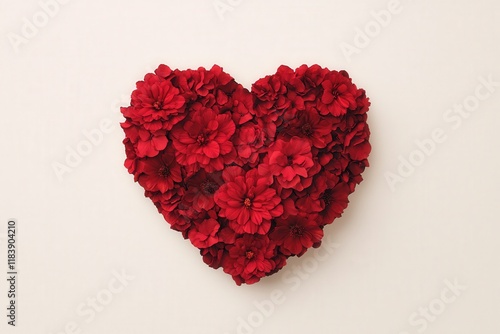A vibrant red heart made of beautiful flowers on a light background.