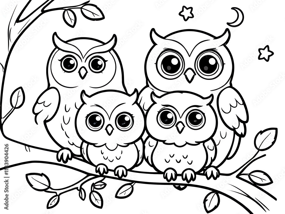 Fototapeta premium Adorable Owl Family on a Branch at Night