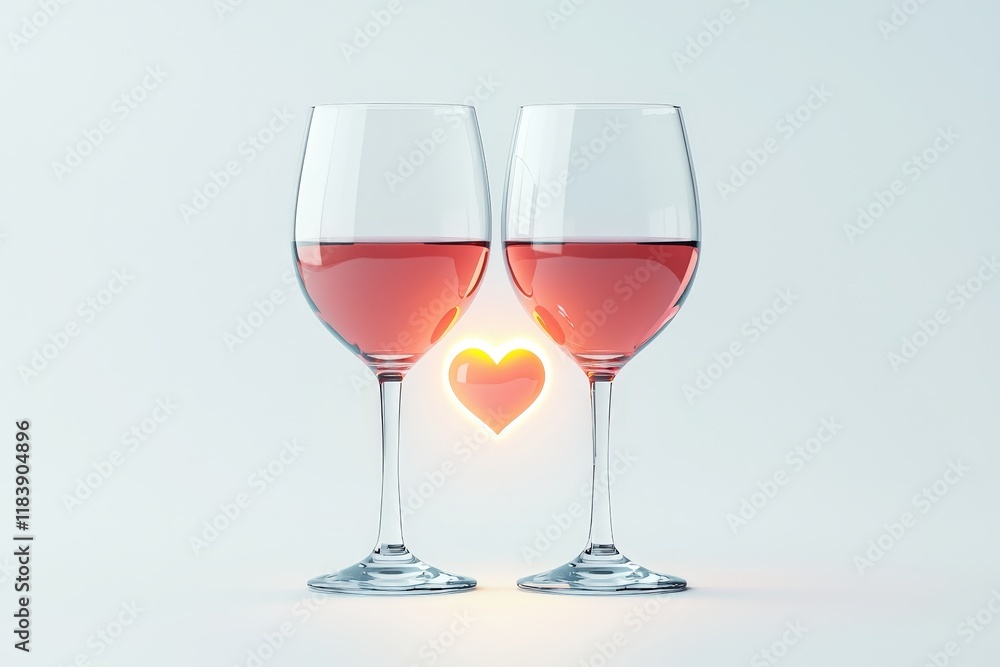 Two elegant glasses of wine with a glowing heart symbol for romantic occasions. Two elegant glasses of wine with a glowing heart symbol for romantic occasions.