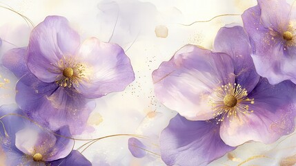 Spring floral in watercolor vector background. Luxury wallpaper design with purple flowers, line art, golden texture. Elegant gold blossom flowers illustration suitable for fabric, prints, cover.