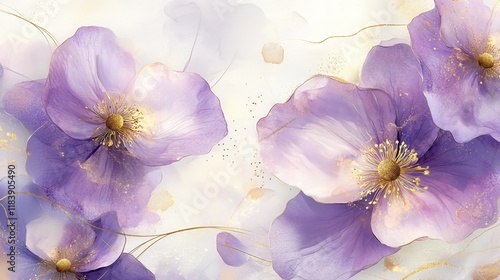 Spring floral in watercolor vector background. Luxury wallpaper design with purple flowers, line art, golden texture. Elegant gold blossom flowers illustration suitable for fabric, prints, cover.