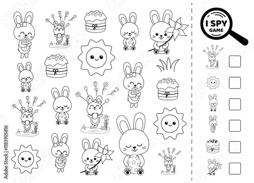 I spy black and white game for kids with easter bunnies. Search and count how many. Math game. Printable isolated vector illustration eps 10