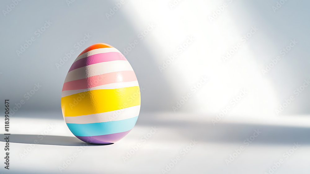 An Easter egg decorated with bold pastel stripes on a clean white background with a soft shadow underneath, the sharp focus emphasizes the smooth texture and bright design. An Easter egg decorated with bold pastel stripes on a clean white background with a soft shadow underneath, the sharp focus emphasizes the smooth texture and bright design.