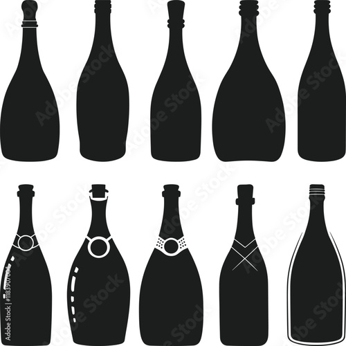 Elegant Champagne and Wine Bottle Silhouette Set for Celebration Design