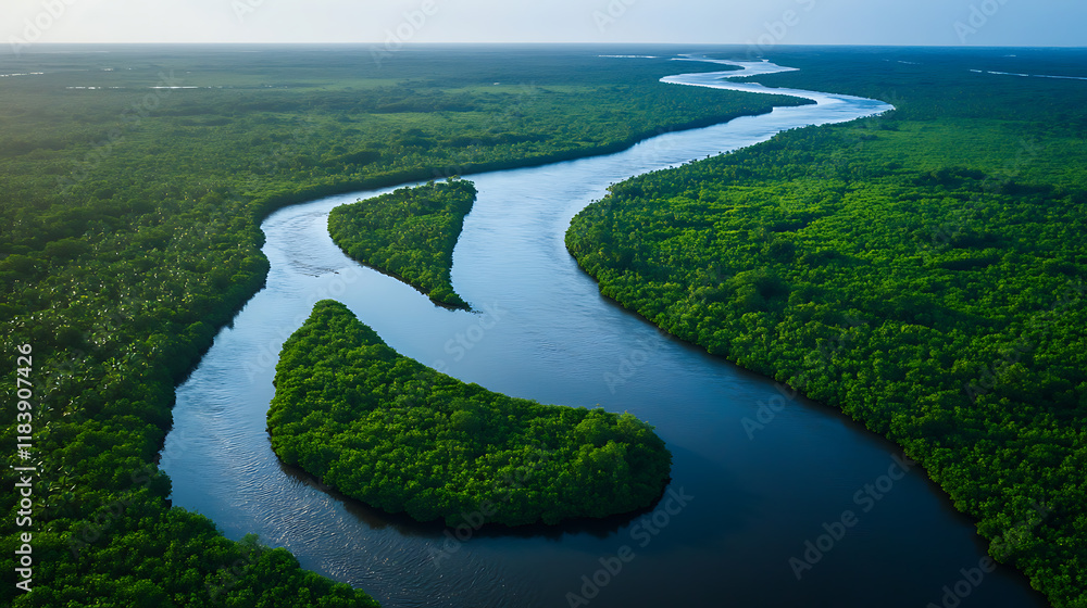 Aerial view of the congo river winding through mangrove swamps near the mouth of the river Aerial view of the congo river winding through mangrove swamps near the mouth of the river