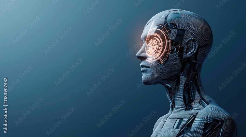 A futuristic robot head with intricate circuits and a glowing eye, symbolizing advanced technology and artificial intelligence.