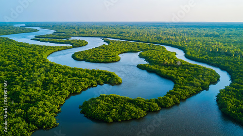 Aerial view of the congo river winding through mangrove swamps near the mouth of the river