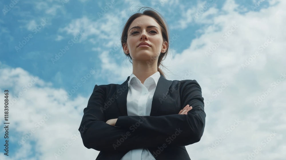 Confident businesswoman with arms on waist standing on top Confident businesswoman with arms on waist standing on top