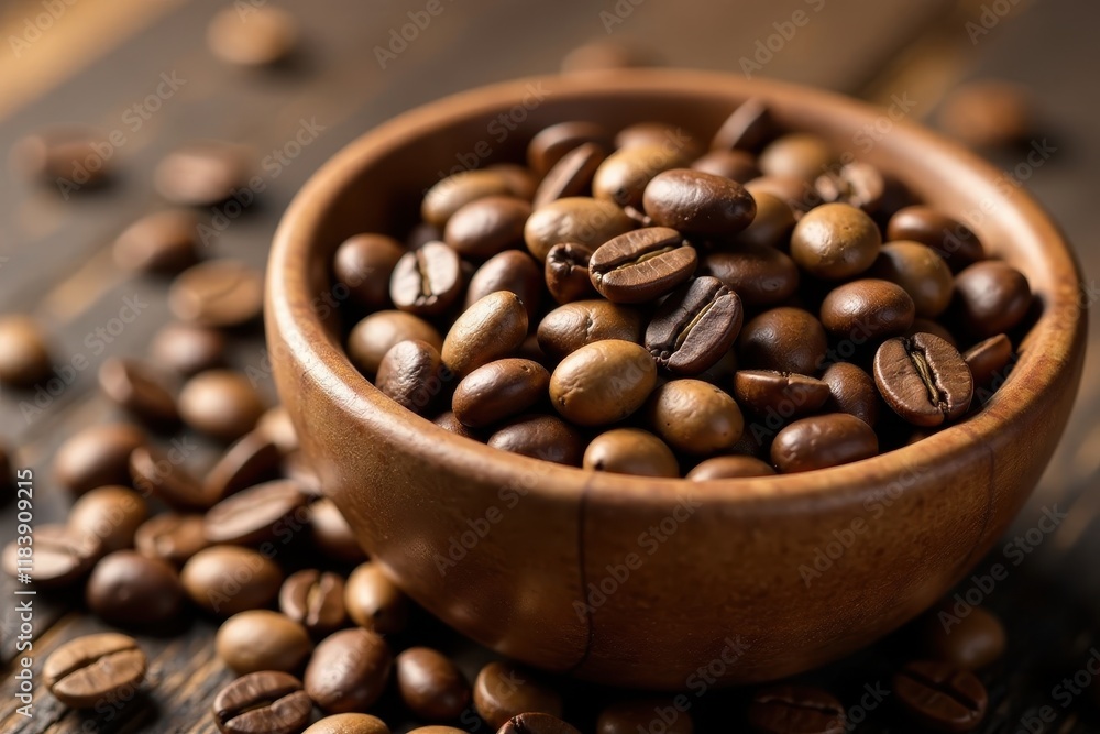 Fototapeta premium Wooden bowl brimming with light brown coffee beans, aroma, wood, drink