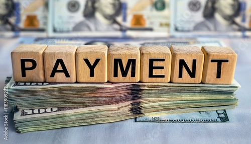 お札のお金の束の上に置かれた支払いを意味する英単語のpaymentの文字が書かれた木製のキューブブロック。aiで生成