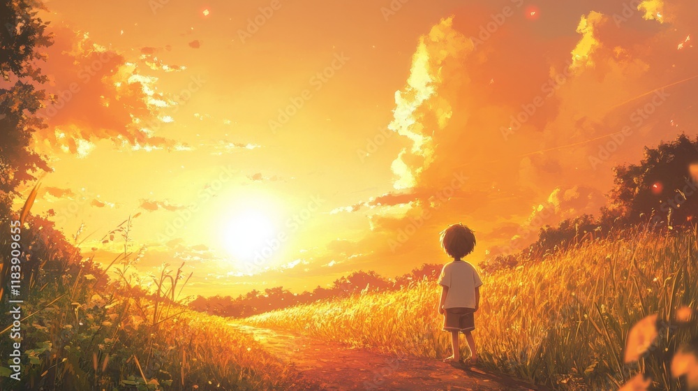 Obraz premium Boy gazing at stunning sunset over golden field of grass