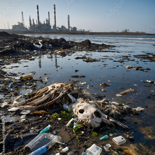 Polluted beach reveals animal skeleton among plastic waste and industrial backdrop in a coastal area photo