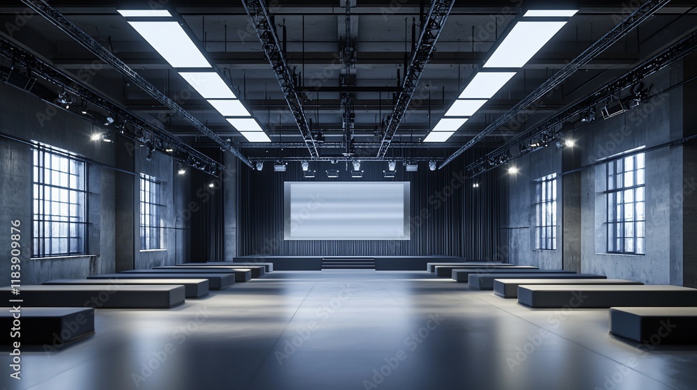Obraz premium Modern industrial event space with stage and seating.