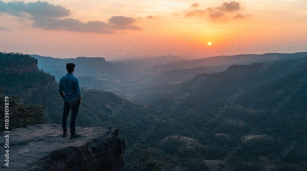 Man Standing at Cliff Edge Watching Scenic Landscape at Sunset Man Standing at Cliff Edge Watching Scenic Landscape at Sunset