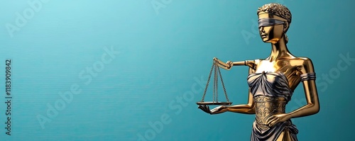 A golden statue of Lady Justice holds balanced scales, symbolizing fairness and equality against a turquoise background. photo