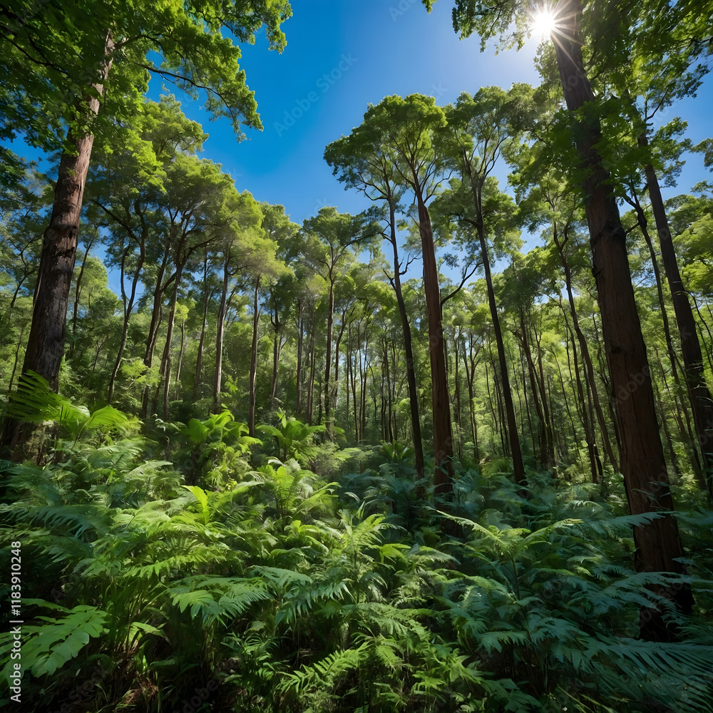 Tall trees and lush ferns thrive under bright sunlight in a serene forest setting during midday Tall trees and lush ferns thrive under bright sunlight in a serene forest setting during midday