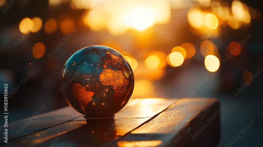 Sunset illuminates a small globe sitting on a wooden surface. (1)