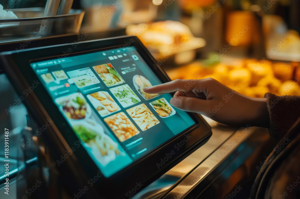 Hand using self ordering kiosk at fast food restaurant, ordering process via digital touchscreen menu on tablet Hand using self ordering kiosk at fast food restaurant, ordering process via digital touchscreen menu on tablet
