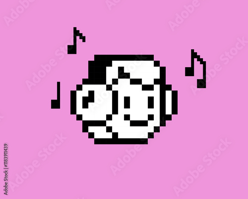 Game character listening to music. 8bit pixel avatar head in headphones. Y2k smile funny face icon. Music notes. Cool badge element. Geometric modern shape. Vector illustration. Pixel art sticker